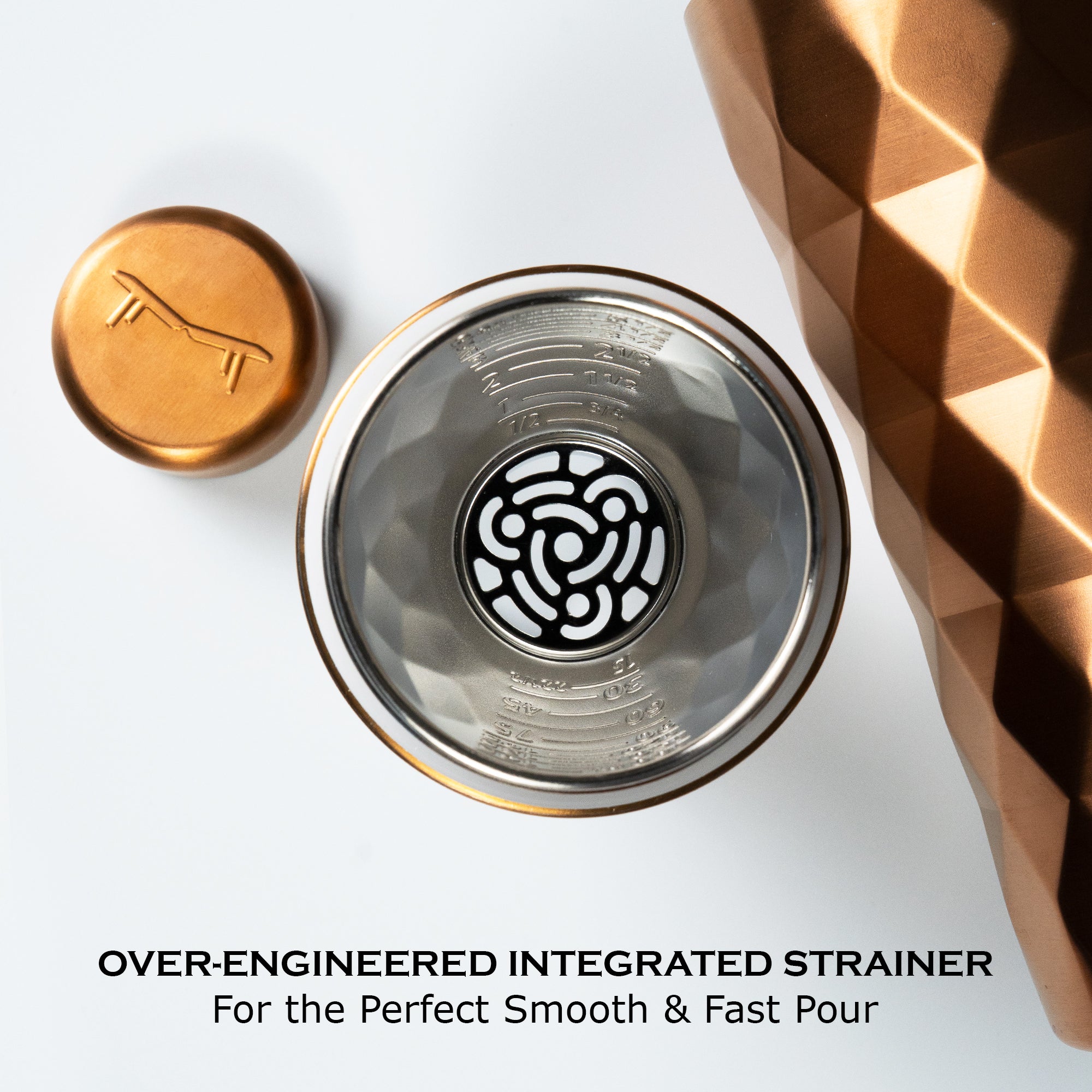 Copper and stainless steel strainer with geometric design on a white background