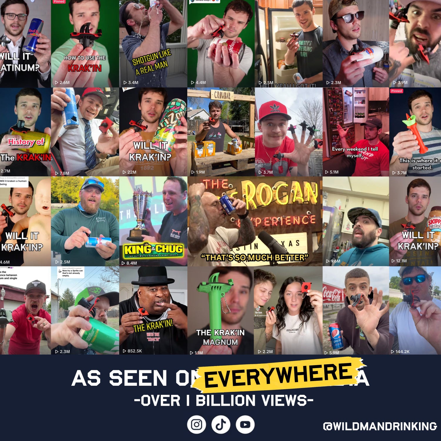 Social media collage featuring Krak’in 2.0 videos and creators with over 1 billion combined views