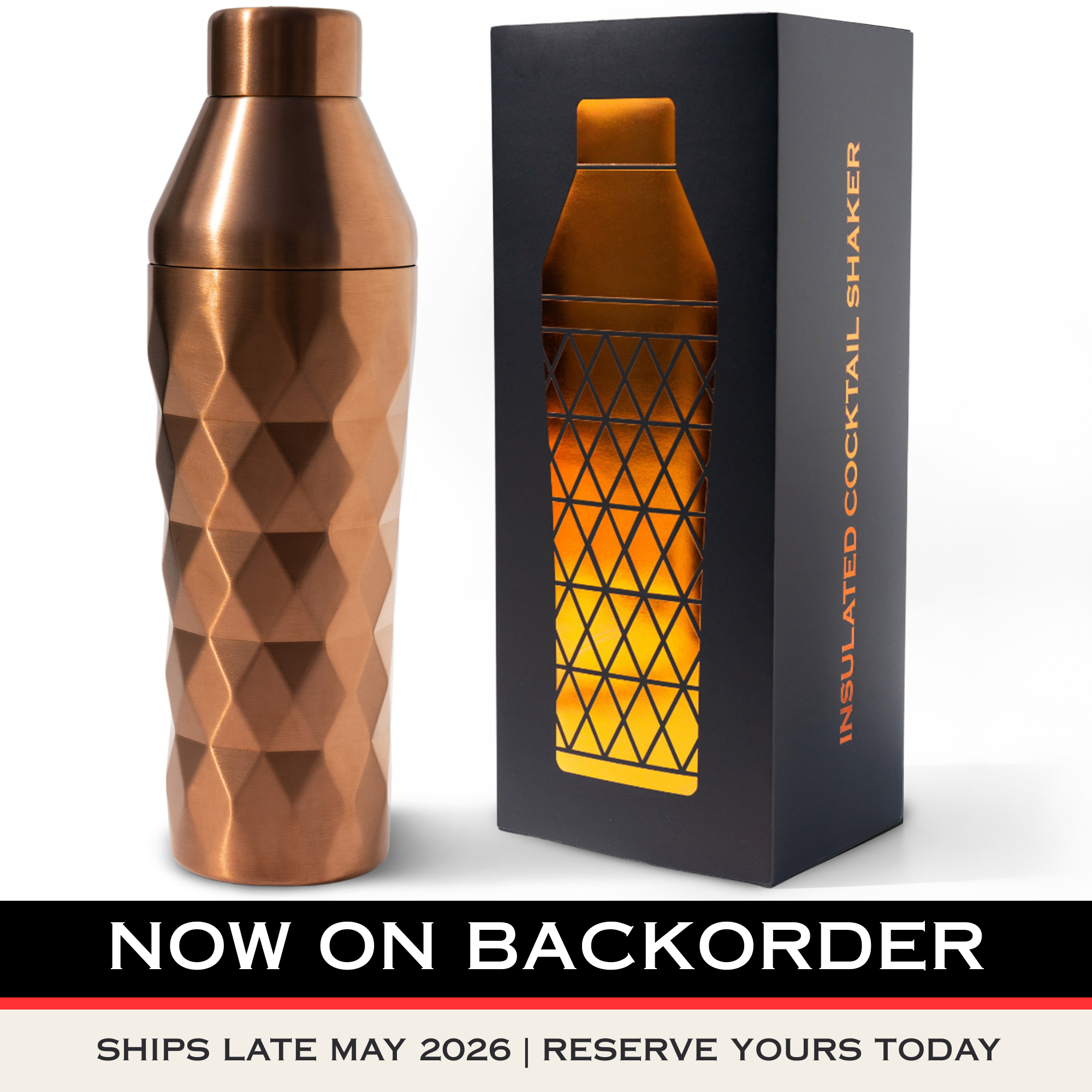 Brushed copper insulated cocktail shaker with geometric finish and premium packaging, now on backorder for upcoming release
