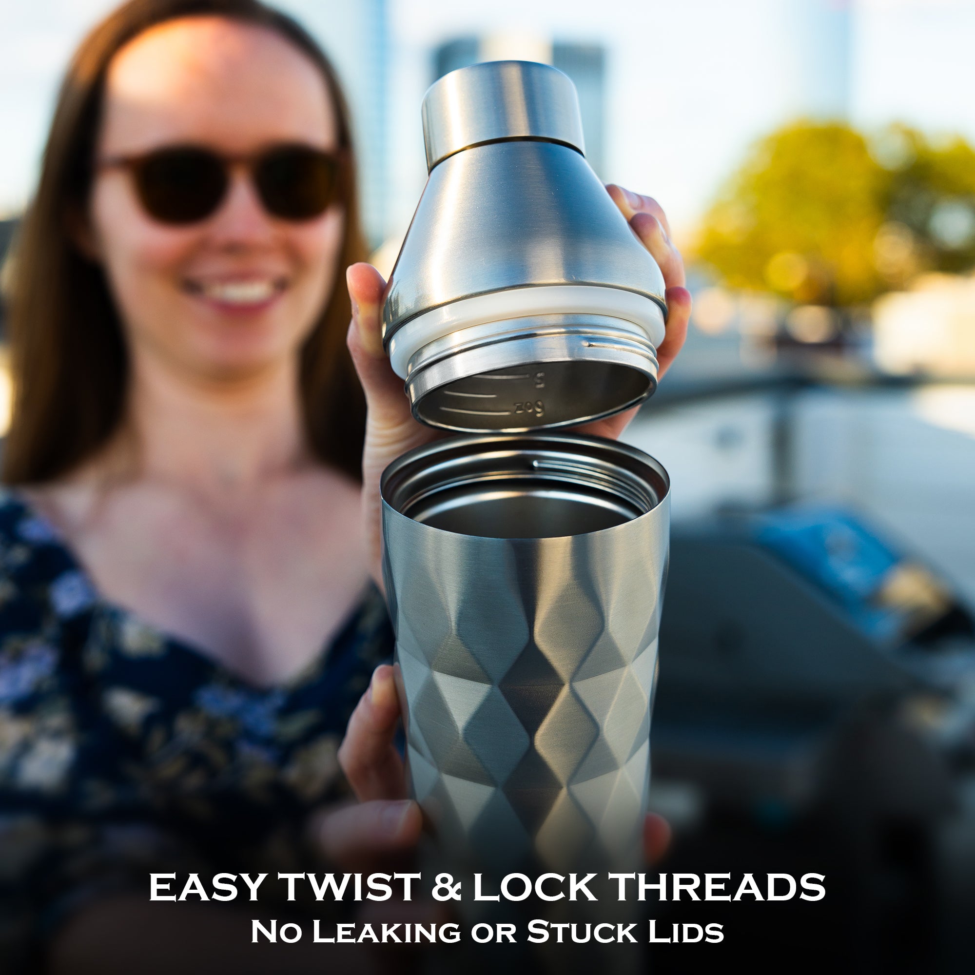 Leakproof insulated cocktail shaker with secure twist lock lid and built in strainer for smooth pouring