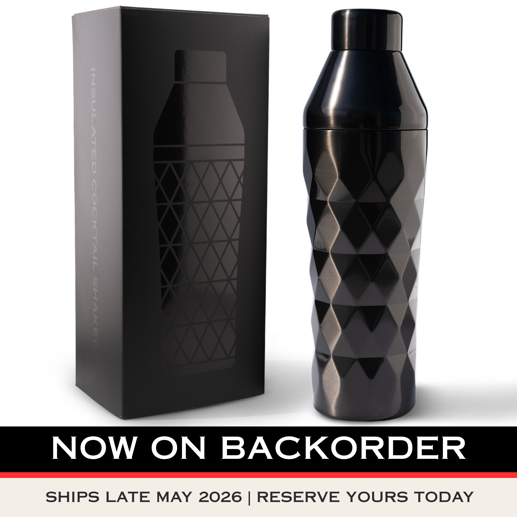 Obsidian Black insulated cocktail shaker with premium gift box packaging, backorder available for next shipment