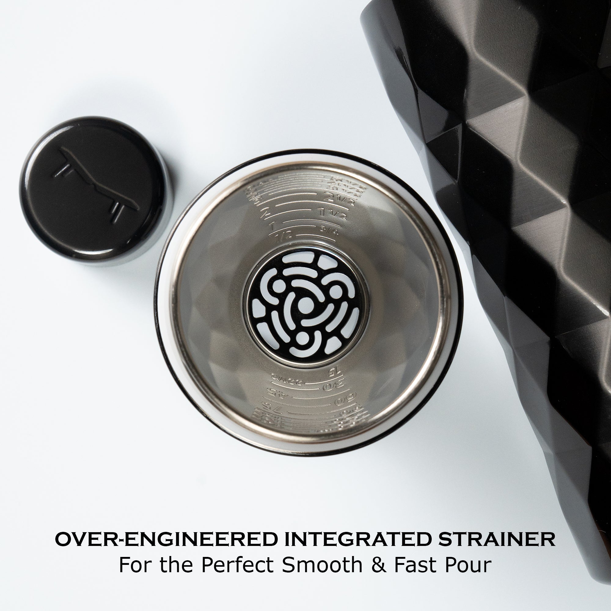 Premium insulated cocktail shaker with built in strainer used for mixing drinks at home or bar with modern stainless steel design