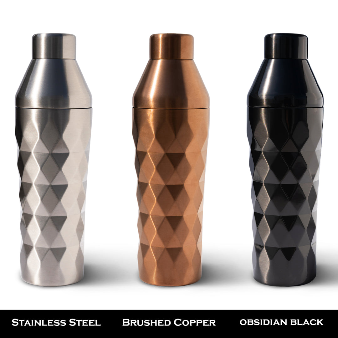Fancy Man insulated cocktail shaker finishes in stainless steel, brushed copper, and obsidian black
