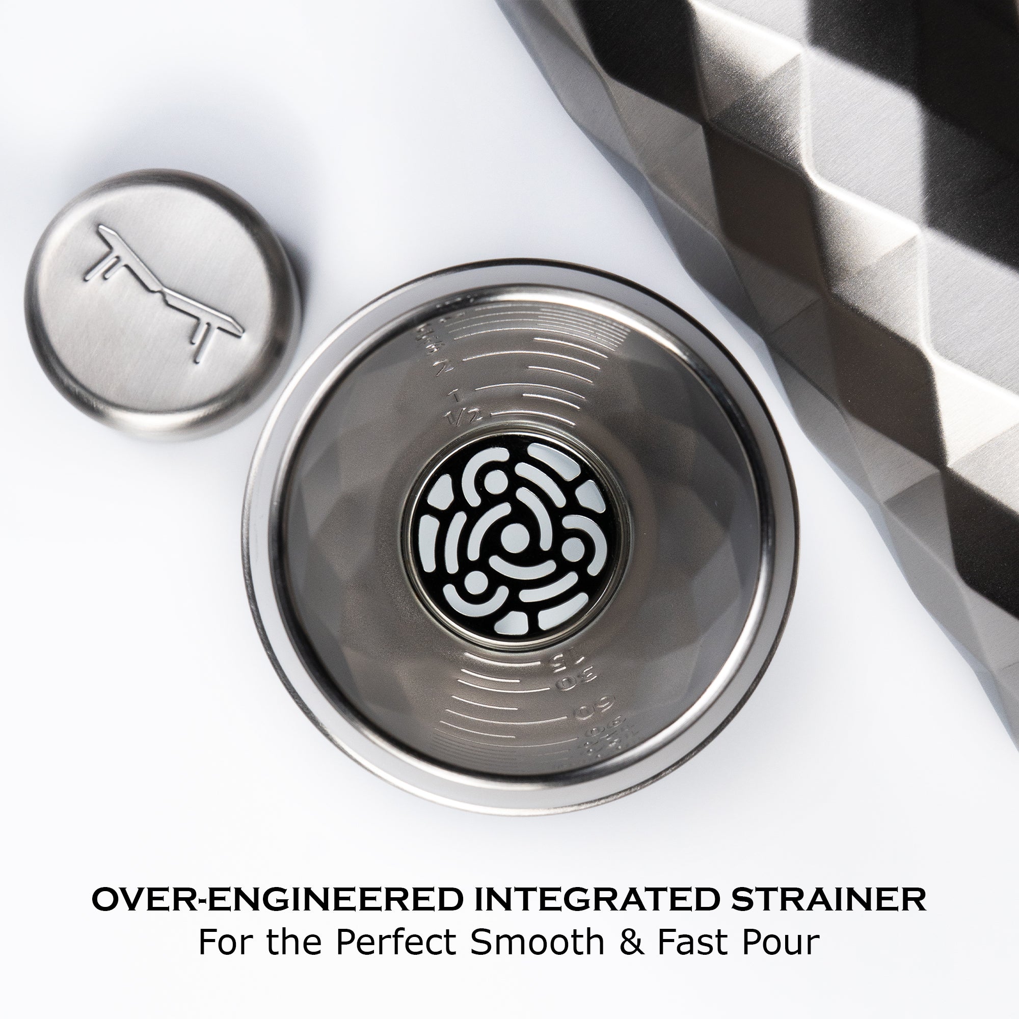 Premium insulated cocktail shaker with built in strainer used for mixing drinks at home or bar with modern stainless steel design