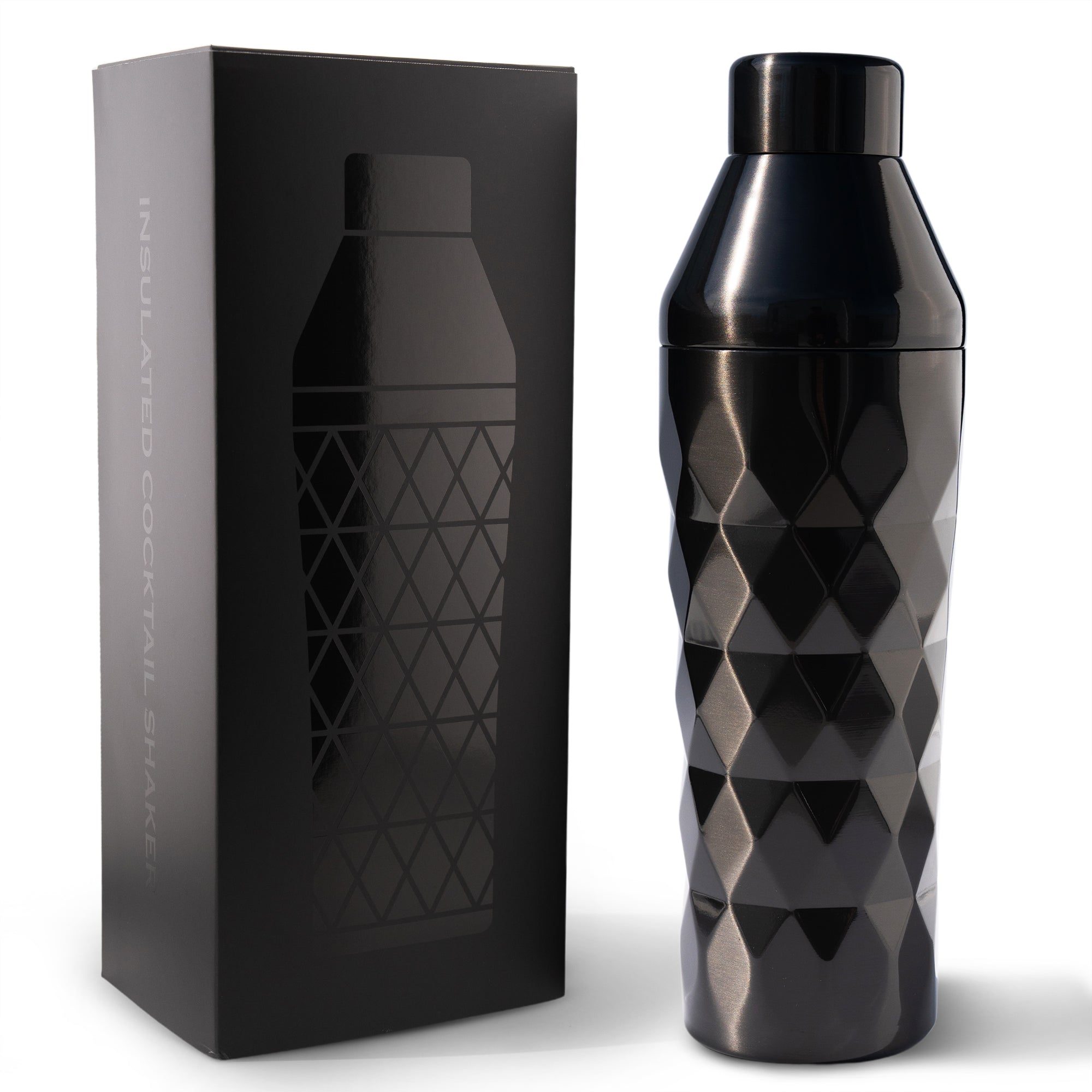 Black textured cocktail shaker with packaging on a white background