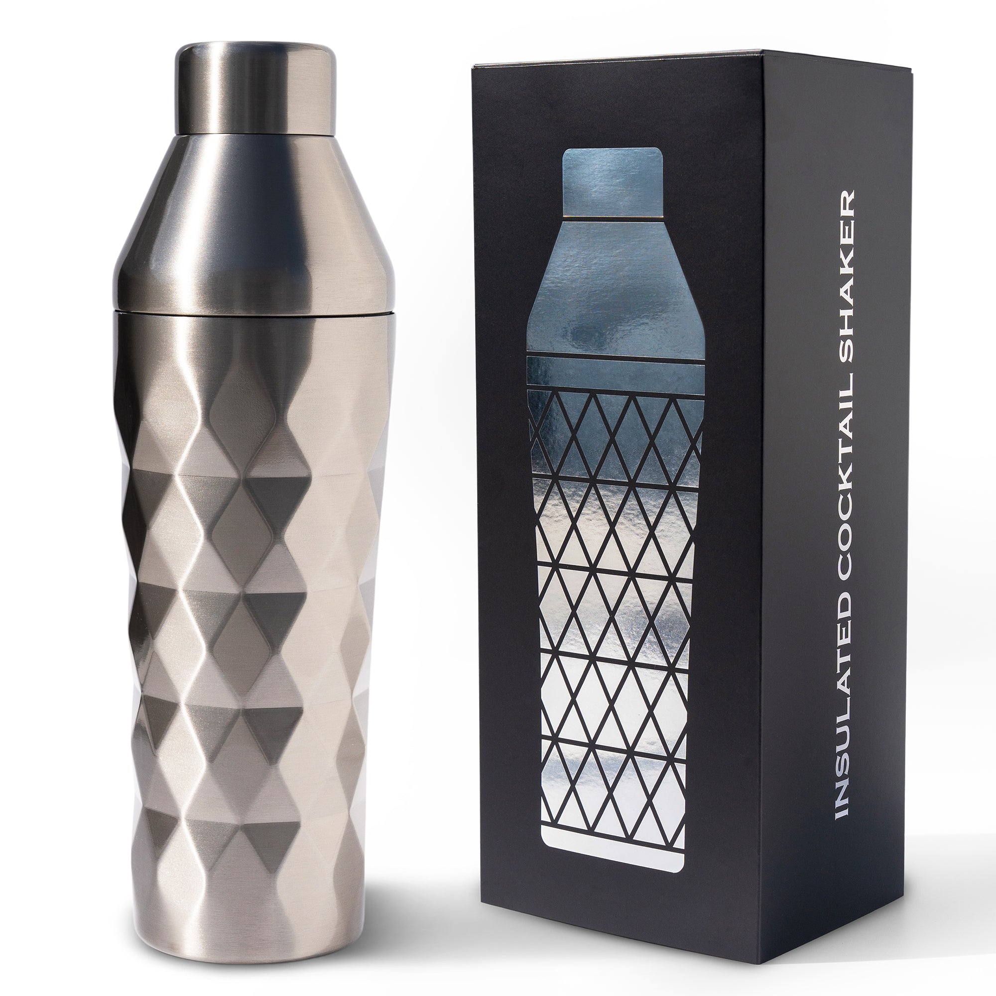 Insulated cocktail shaker with geometric pattern next to its packaging box on a white background