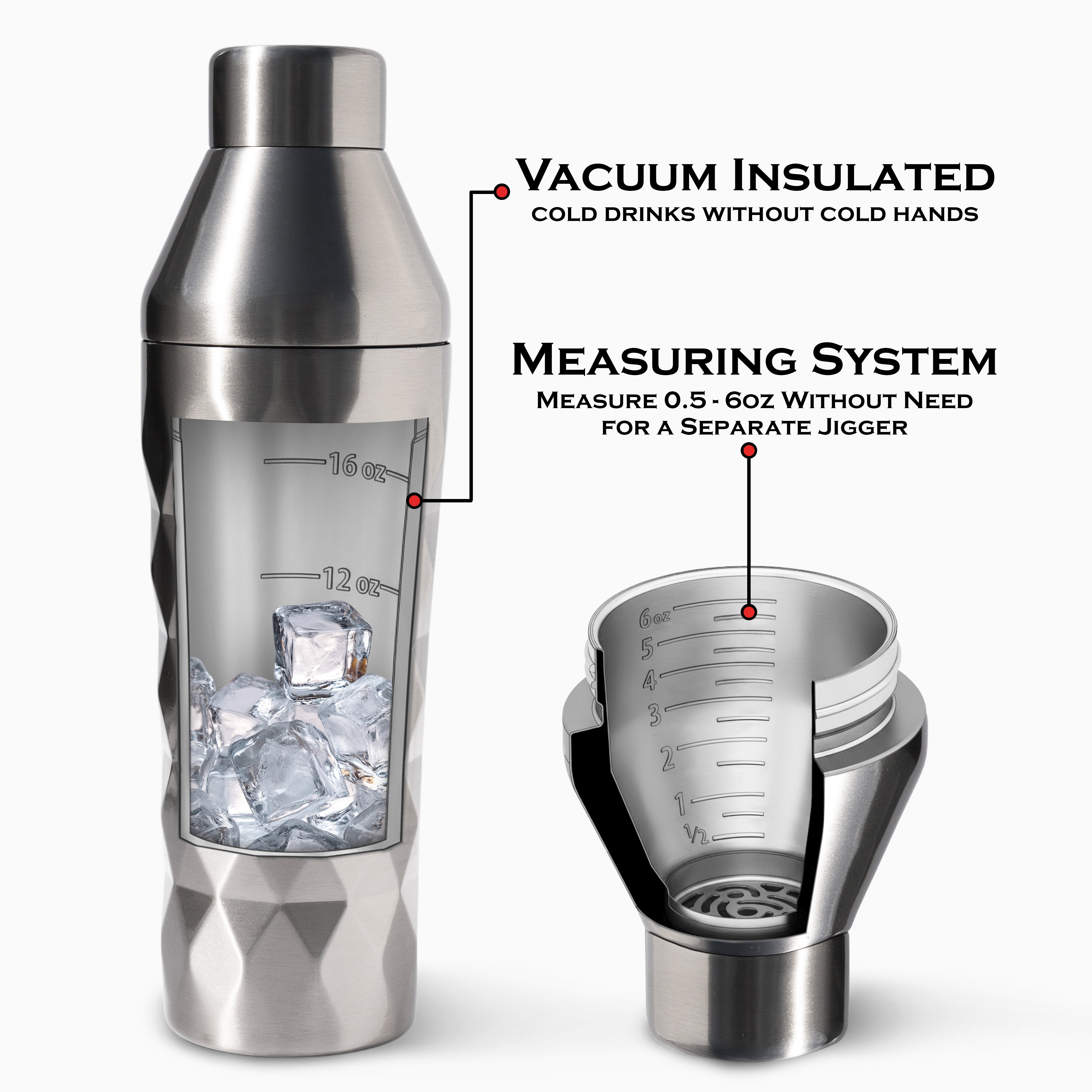 Insulated cocktail shaker keeping ice frozen longer with double wall stainless steel design for better cold retention