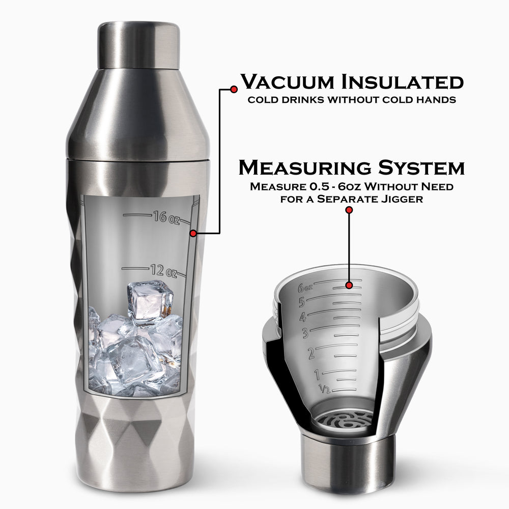 Insulated cocktail shaker keeping ice frozen longer with double wall stainless steel design for better cold retention