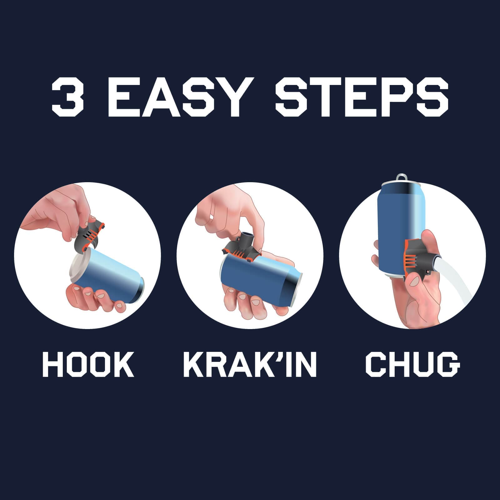 Three-step tutorial showing how to use the Krak’in 2.0 beer shotgunning tool