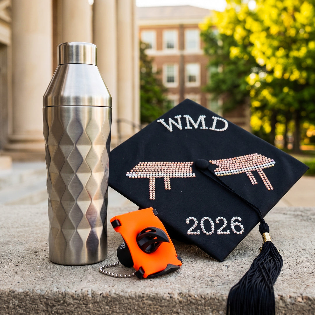 Graduation gift bundle featuring the Fancy Man insulated cocktail shaker and Krak’in tool beside a 2026 graduation cap