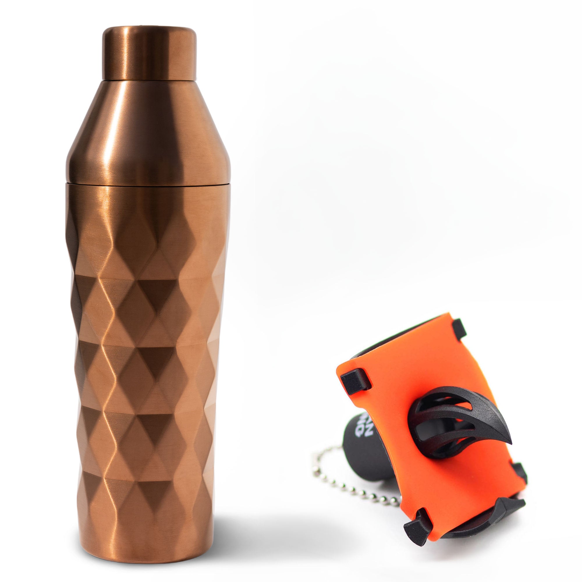 Brushed Copper Fancy Man insulated cocktail shaker paired with the Krak’in 2.0 party tool