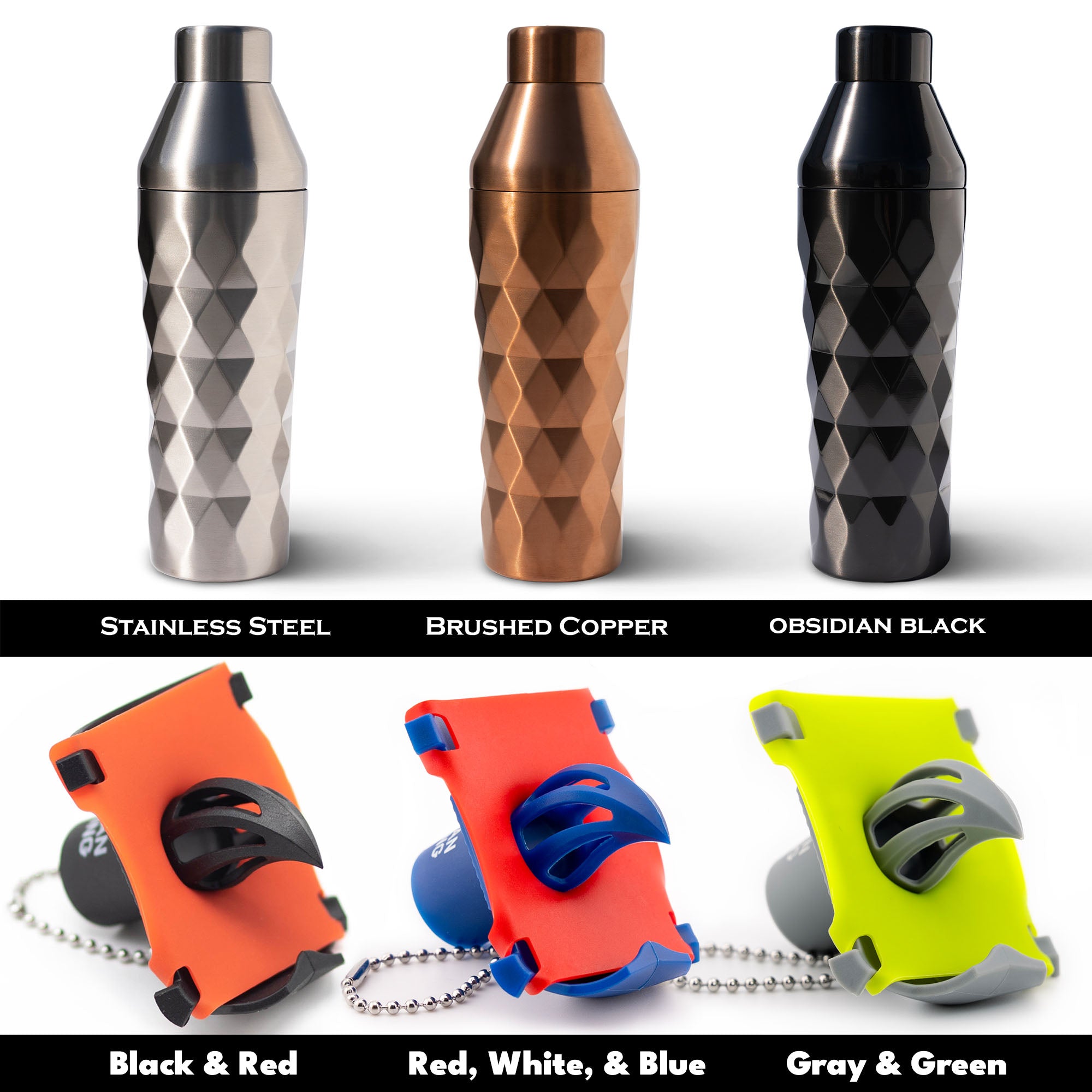 Fancy Man cocktail shaker and Krak’in 2.0 color options including Stainless Steel, Brushed Copper, Obsidian Black, Black & Red, Red White & Blue, and Gray & Green