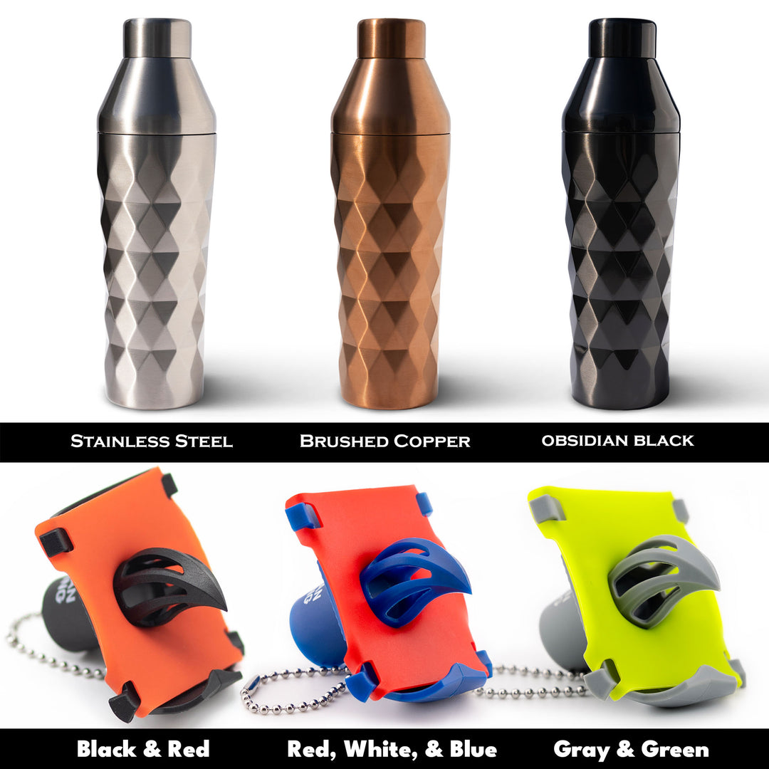 Fancy Man cocktail shaker and Krak’in 2.0 color options including Stainless Steel, Brushed Copper, Obsidian Black, Black & Red, Red White & Blue, and Gray & Green